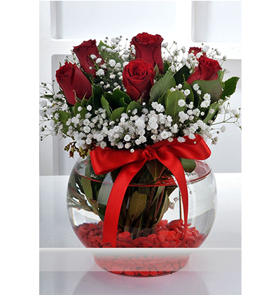 cam fanusta kırmızı beyaz güller Çiçeği & Ürünü Cam Fanusta 7 Adet Kırmızı Gül 