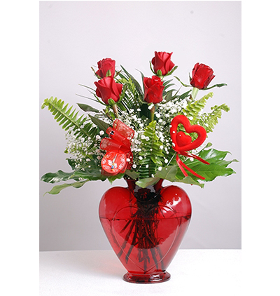  Muratpaşa Çiçek Gönder Kalp Cam Vazoda 5 Adet Kırmızı Gül