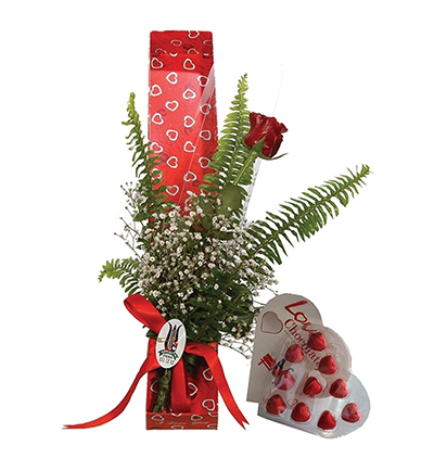 cam fanusta 7 kırmızı gül Çiçeği & Ürünü Kutuda Tek Gül ve Kalp Çikolatalar 