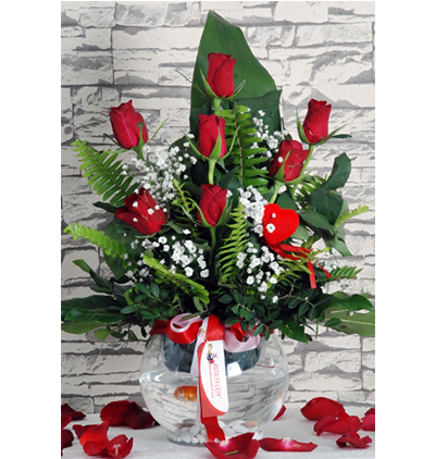 siyah orta boy kutuda 11 kırmızı gül Çiçeği & Ürünü Cam Fanusta Balıklı Aranjman 